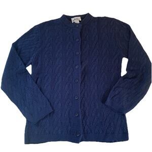 Vtg Knit Stitches Navy Blue Button Front Cardigan Sweater Made in USA Size M